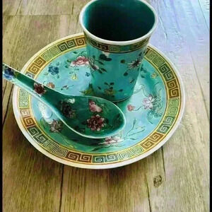 SET 3 VTG YELLOW FAm ROSE MUN SHOU JINGDEZHEN CHINA LONGEVITY Plate,cup,spoon